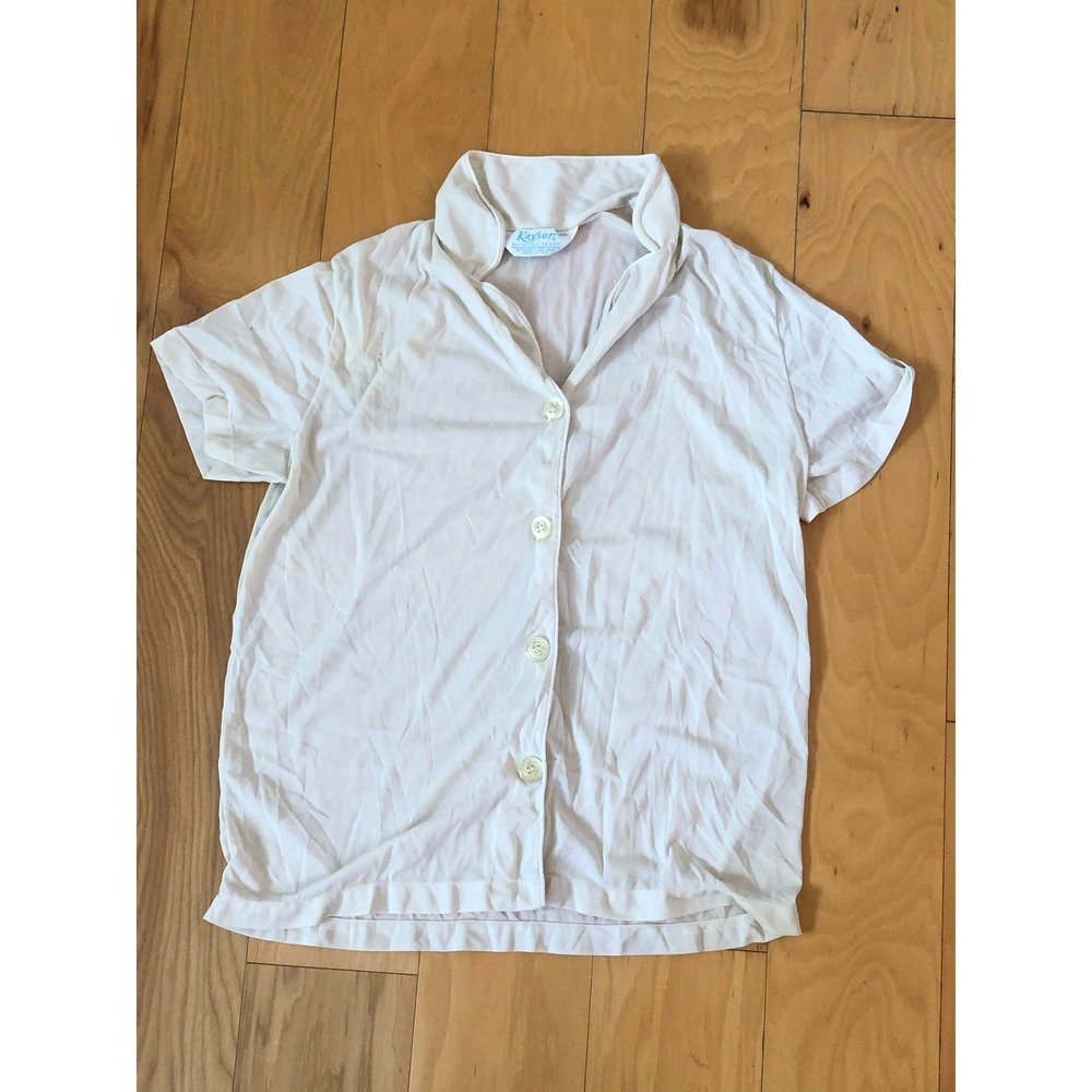 Vintage Kayser White Nylon Tricot Pajama Top Short Sleeve Button Front Size 34